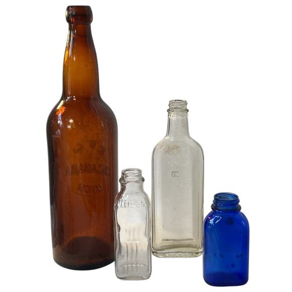 Vintage Glass Bottle Lot 4 Brown Clear Blue Apothecary Scientist Decor Alchemist - Picture 2 of 10